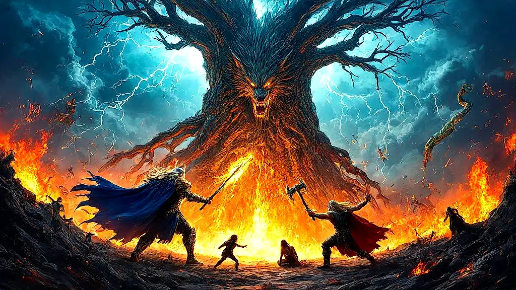 Odin fights Fenrir, Thor battles Jörmungandr during Ragnarök.