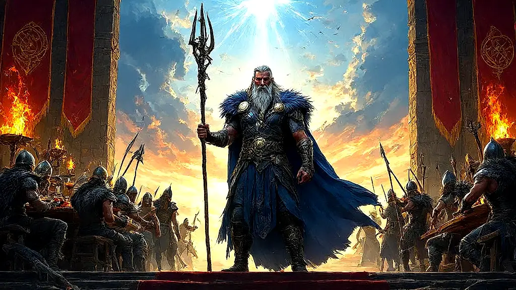 Odin prepares for Ragnarök in Valhalla’s golden hall.