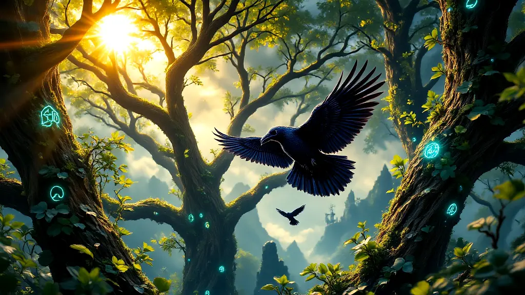 Odin’s ravens Huginn and Muninn flying through Yggdrasil.