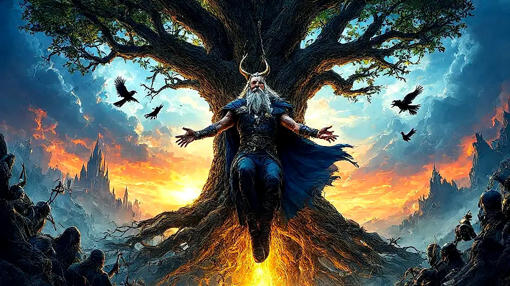 Odin sacrifices himself on Yggdrasil as Loki watches.