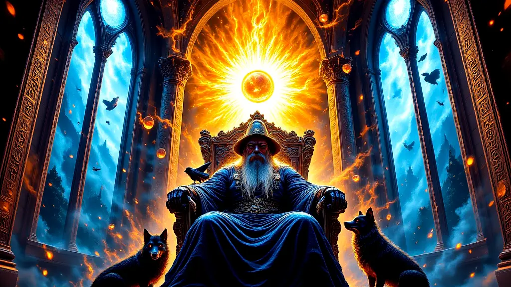 Odin, the Allfather, seated on his throne in Asgard.