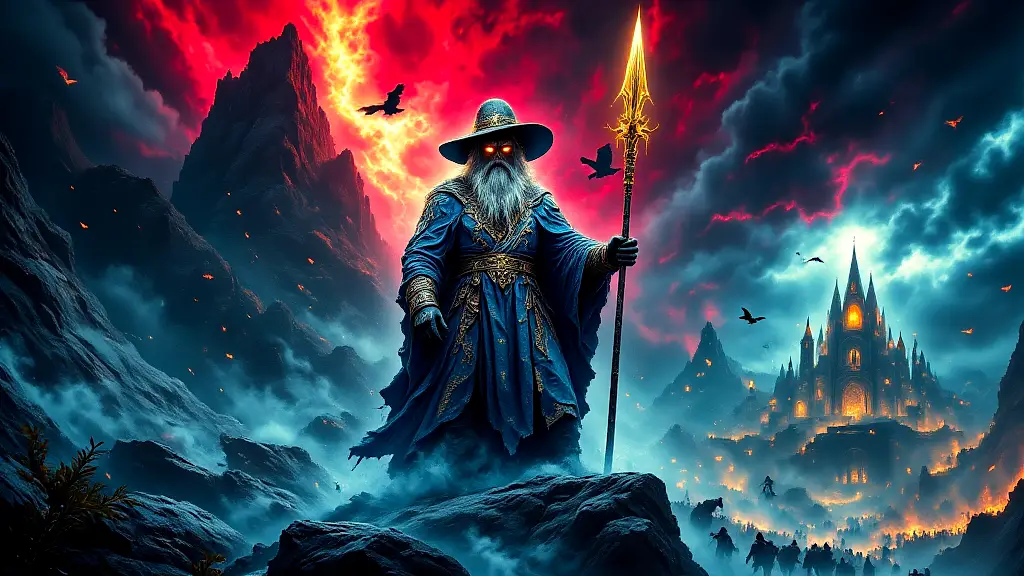 Odin watches over fallen warriors as Valkyries descend.