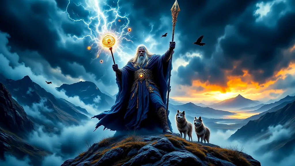 Odin wields Gungnir and Draupnir atop a stormy cliff.