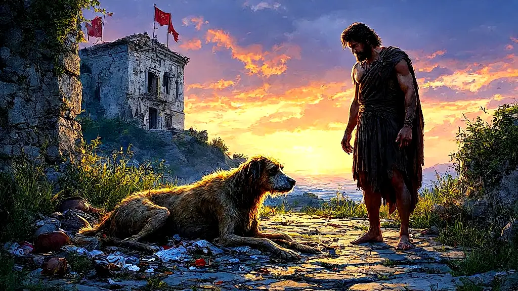 Odysseus and dying Argos reunite in Ithaca at sunset.