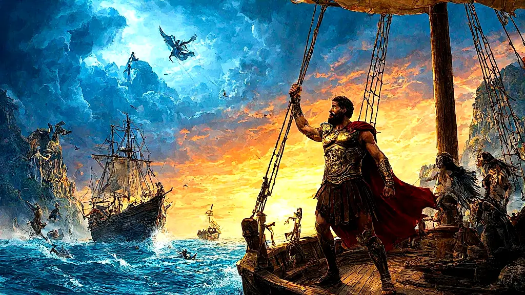 Odysseus battles Cyclops and Sirens in mythic storm.