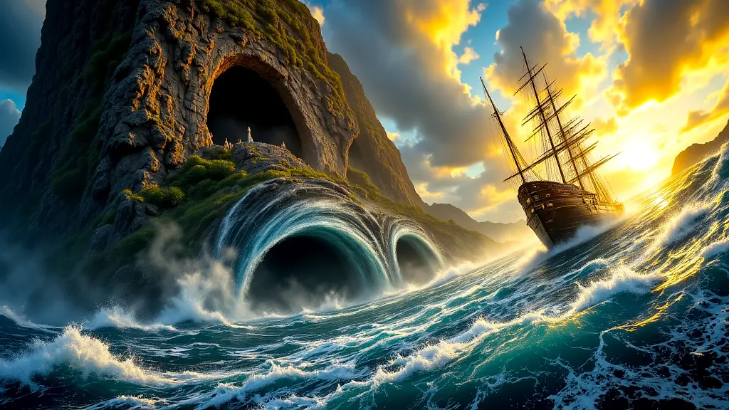 Odysseus battles Scylla and Charybdis in stormy strait.
