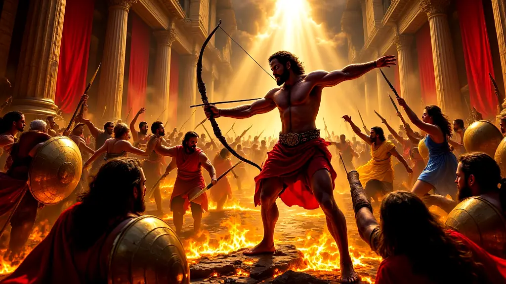 Odysseus battles suitors in Ithaca’s grand hall.