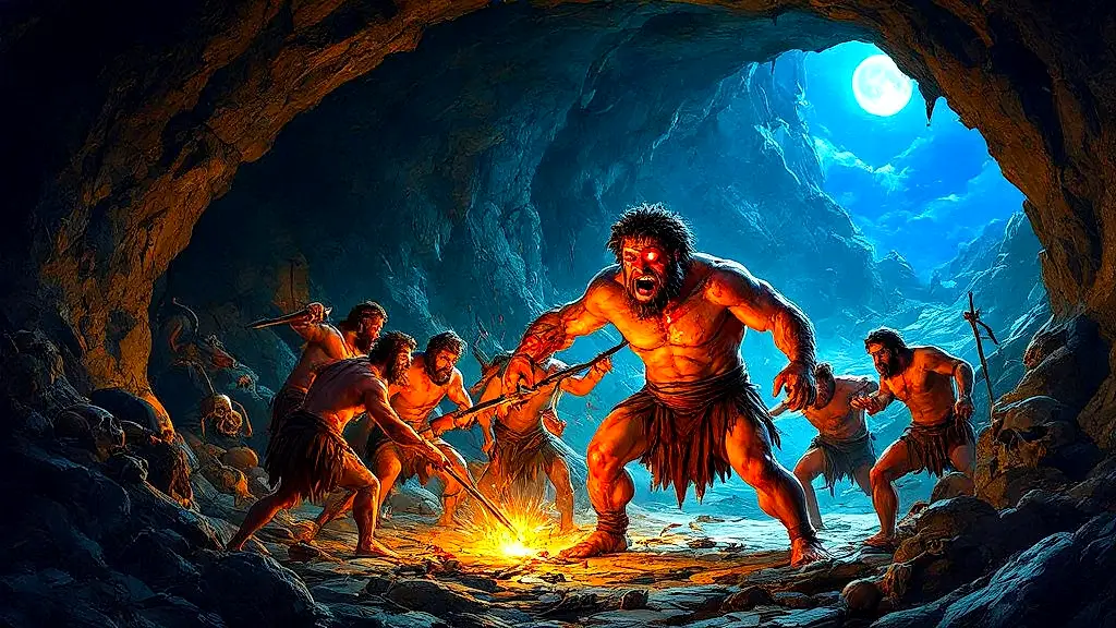 Odysseus blinds Cyclops Polyphemus in dark cave.