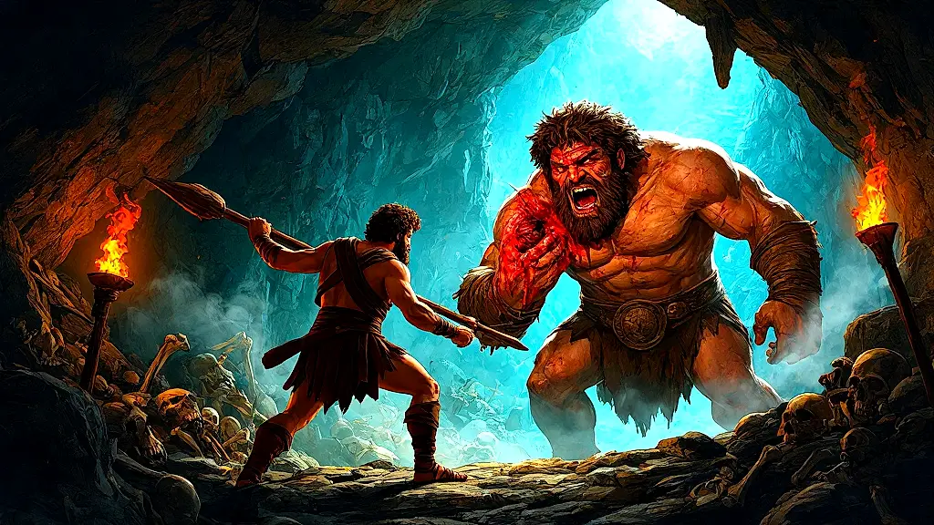 Odysseus blinds Cyclops Polyphemus in dark, fiery cave.