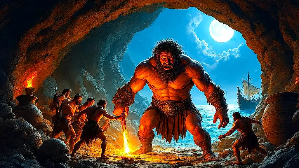 Odysseus blinds Cyclops Polyphemus in fiery cave escape.