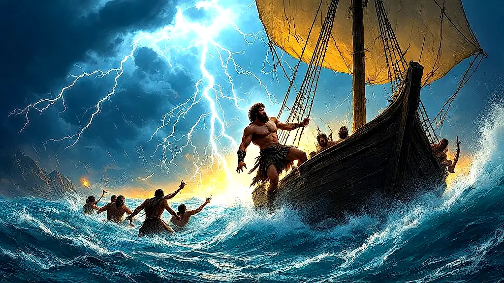 Odysseus clings to mast as Zeus' storm destroys his ship.