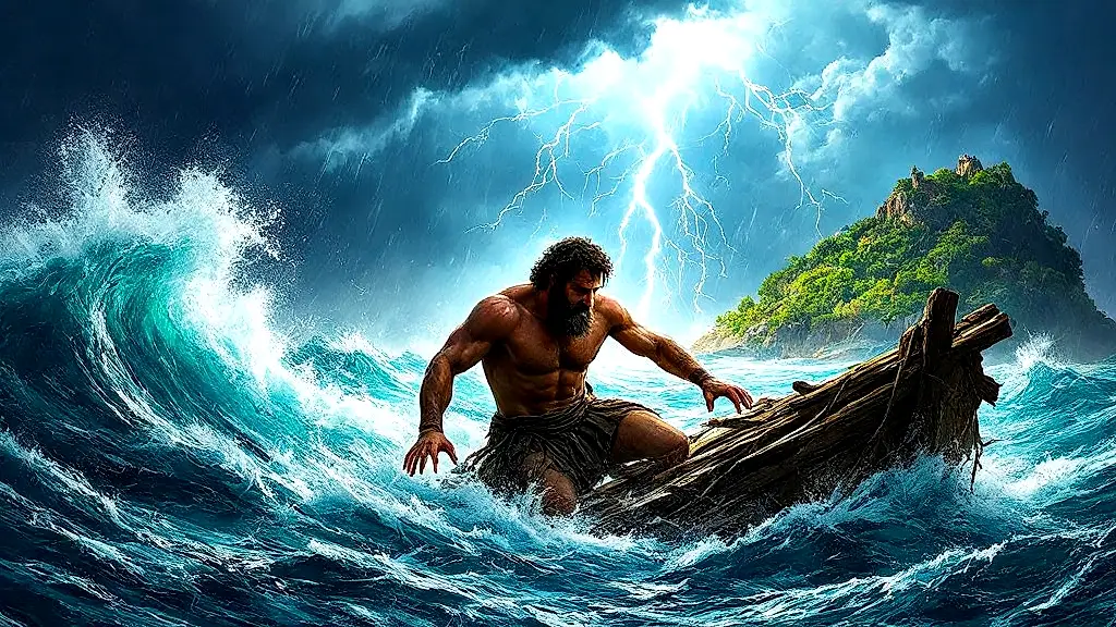 Odysseus clings to raft in storm, nearing Ogygia.