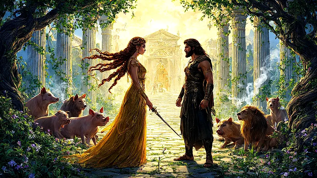 Odysseus confronts Circe amid enchanted beasts and transformed crew.