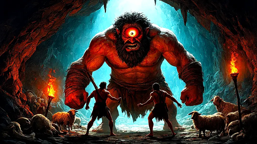 Odysseus confronts Polyphemus in a dark, torchlit cave.