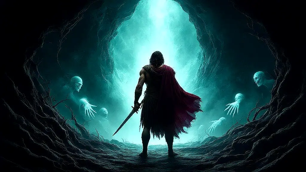 Odysseus facing the terrifying darkness of Erebus.
