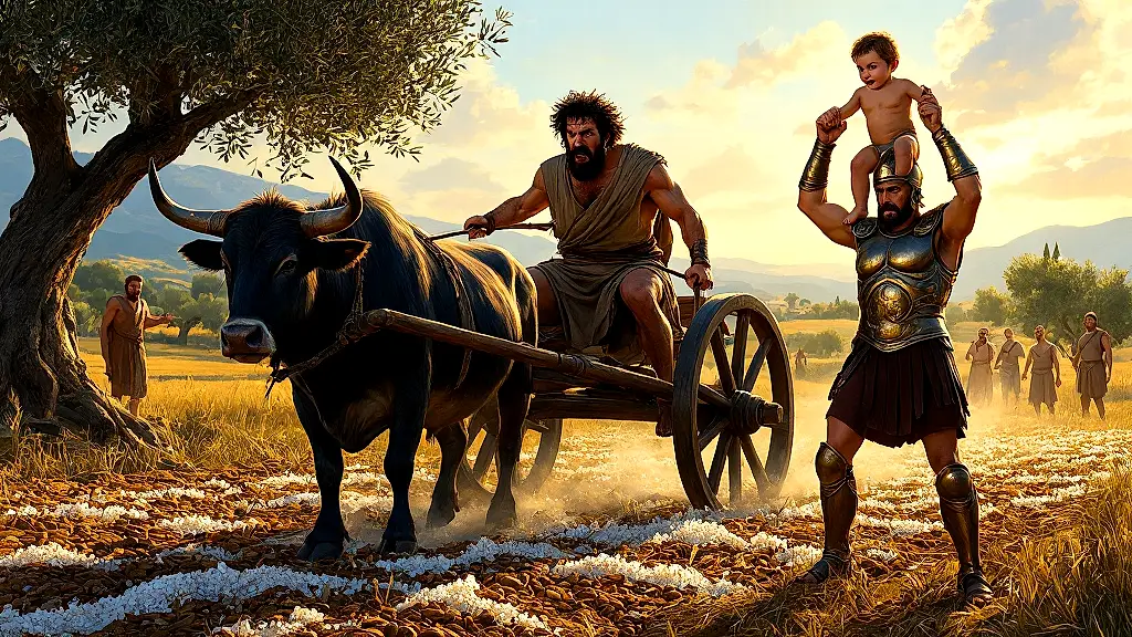 Odysseus feigns madness while Palamedes exposes him.
