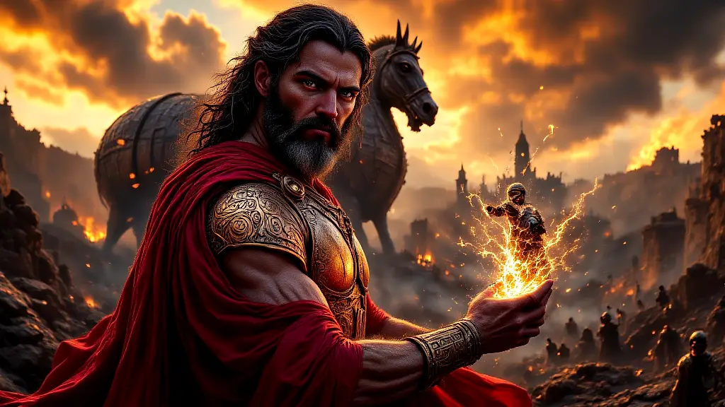 Odysseus holding the Palladium before the Trojan Horse.