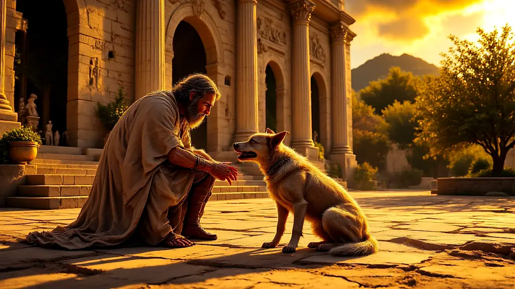 Odysseus reunited with loyal dog Argos in golden sunset.