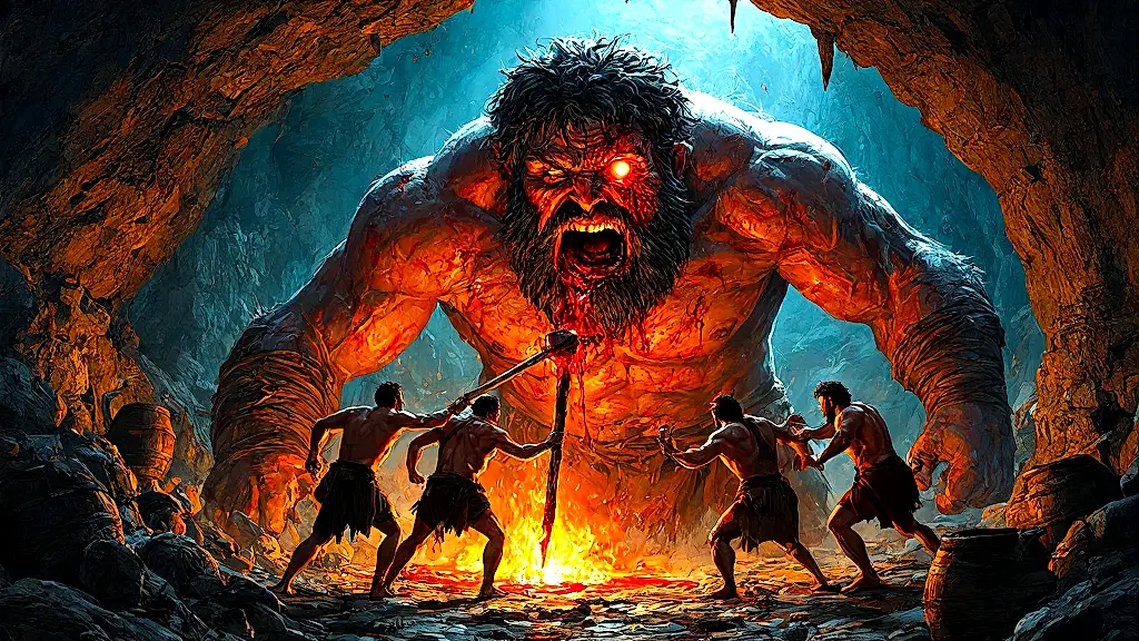 Odysseus stabs Cyclops' eye with fiery stake.