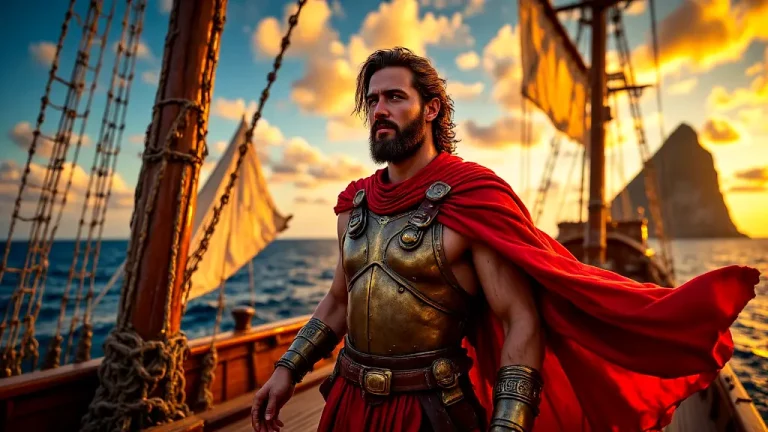 Odysseus stands heroically on his ship at sunset.