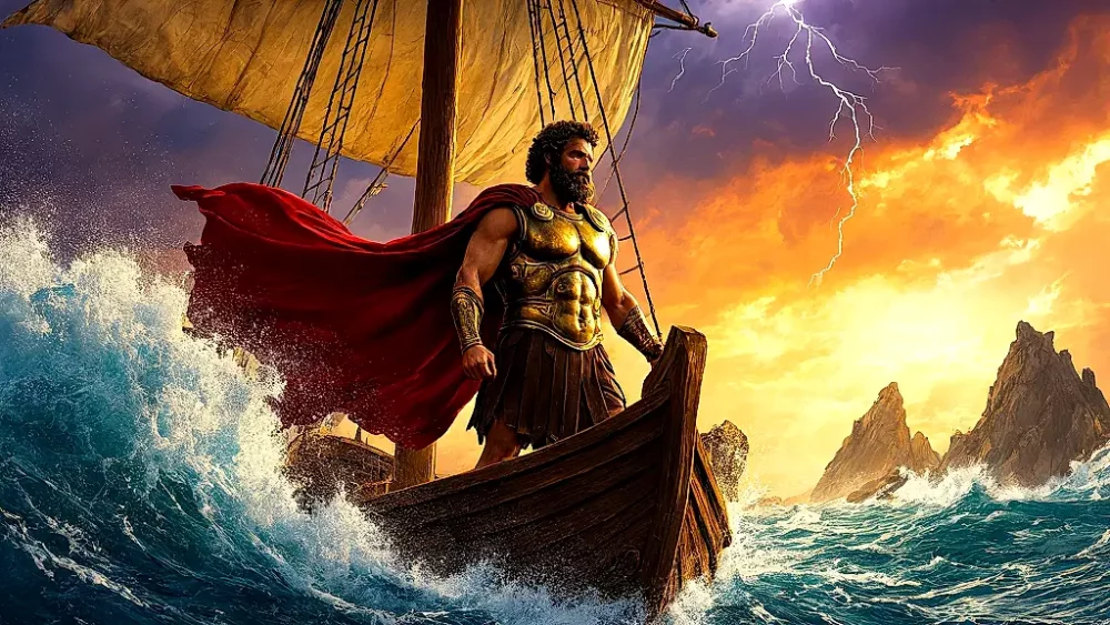 Odysseus stands heroically on his ship during a stormy voyage.
