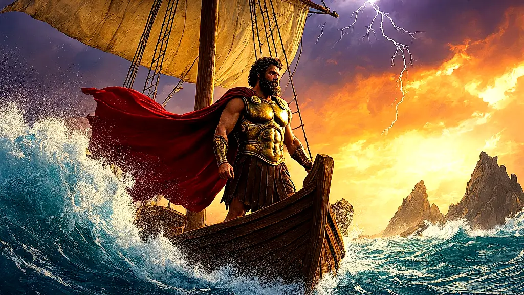 Odysseus stands heroically on his ship during a stormy voyage.