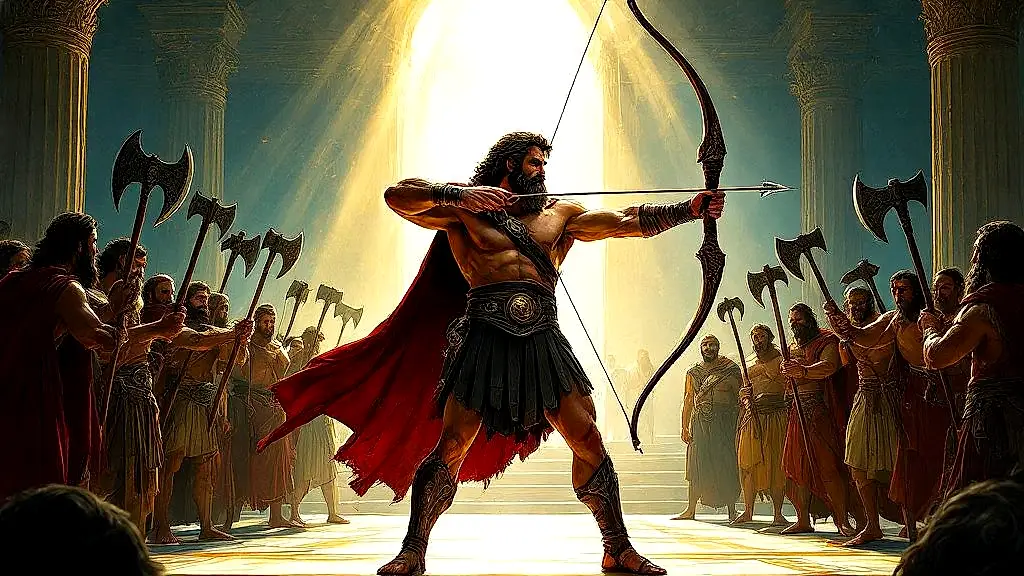 Odysseus strings his divine bow, reclaiming Ithaca’s throne.