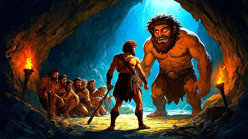Odysseus tricks Cyclops Polyphemus in dark cave.