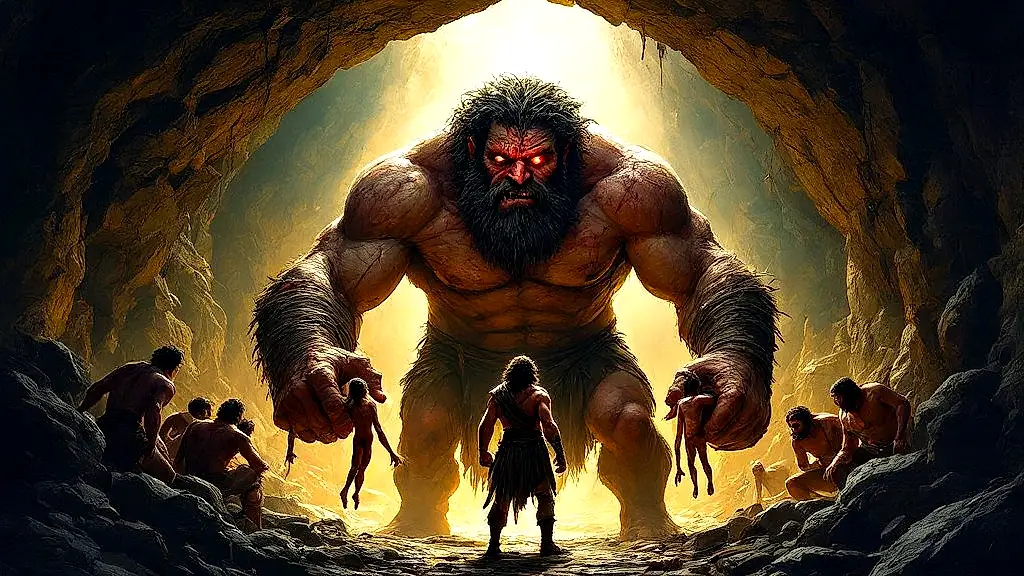Odysseus tricks Polyphemus with wine in a dark cave.