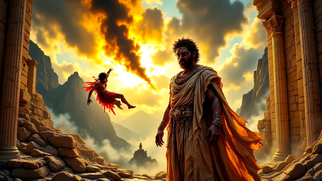 Oedipus and Icarus in Greek tragedy, vibrant and detailed.