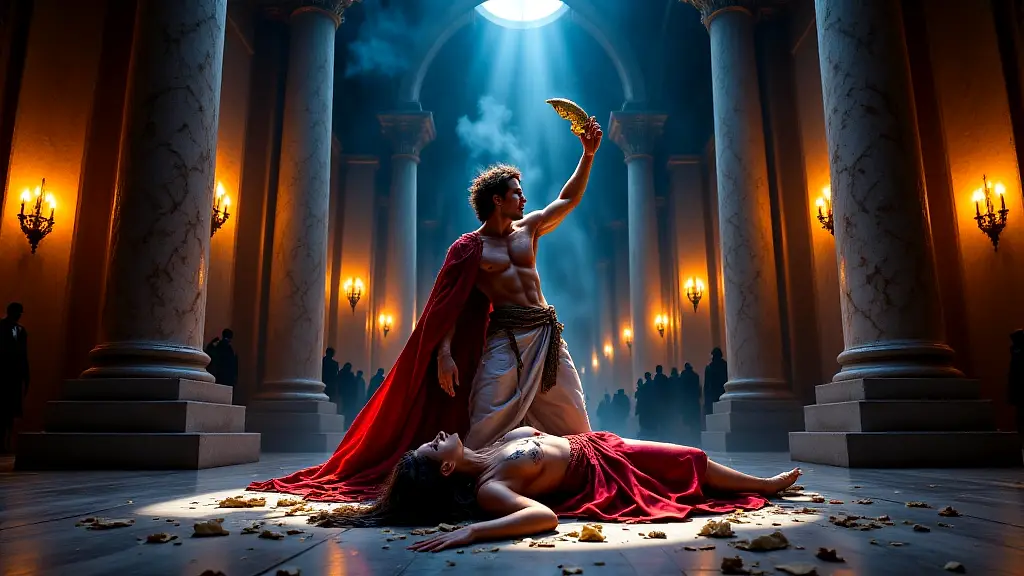 Oedipus blinds himself after discovering the tragic truth.