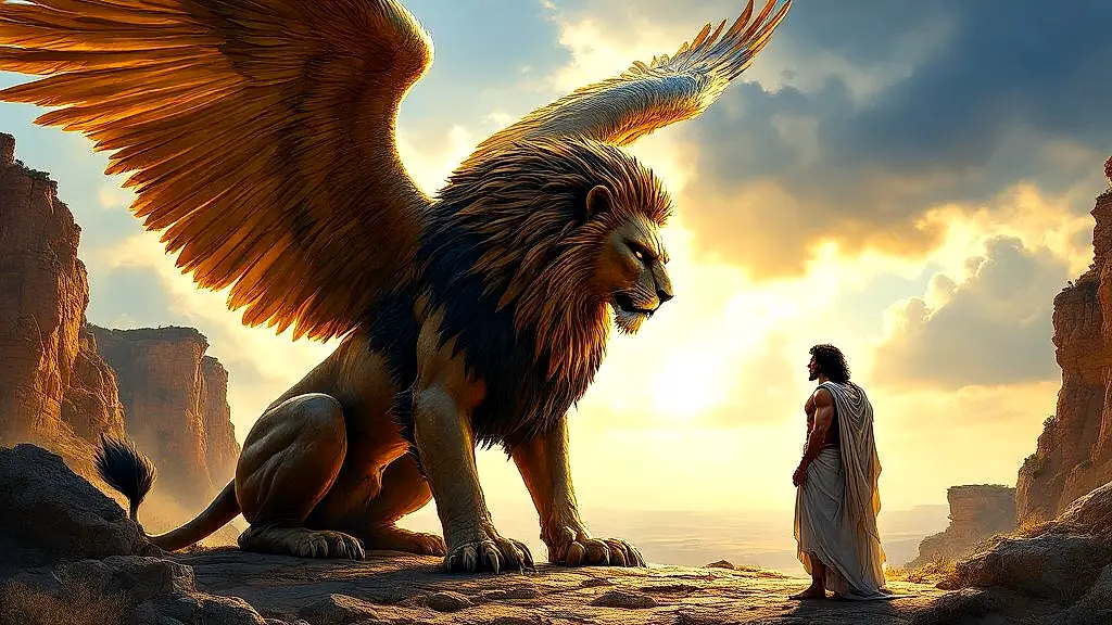 Oedipus confronts the Sphinx at Thebes.