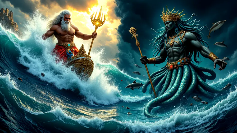 Olokun and Poseidon ruling contrasting ocean realms.
