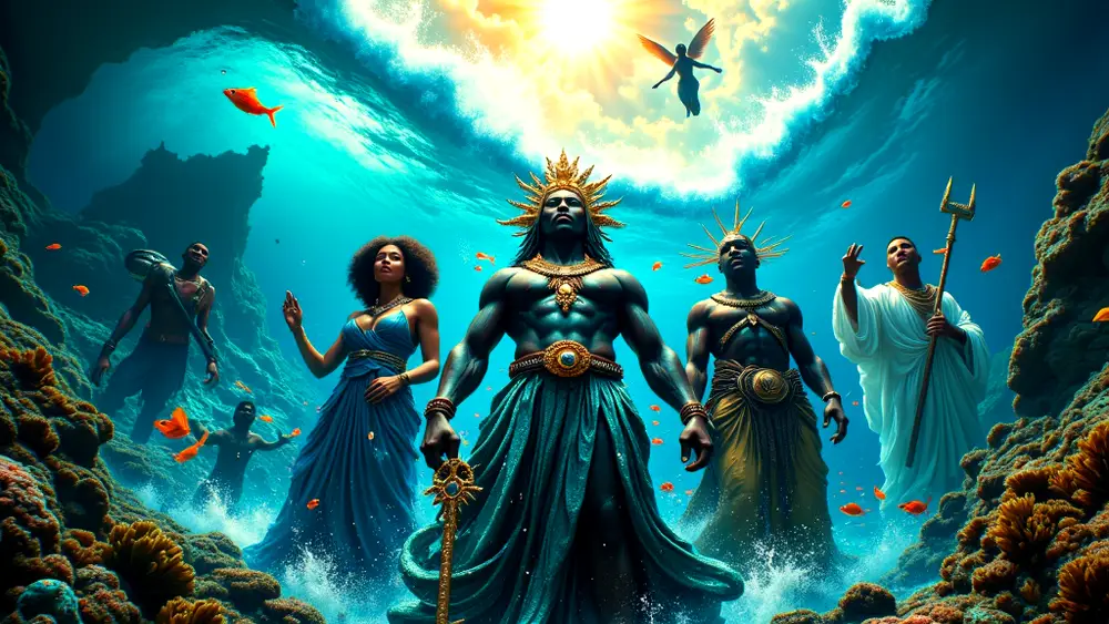 Olokun, Yemoja, Ogun, Obatala, and Eshu in mythic oceanic clash.