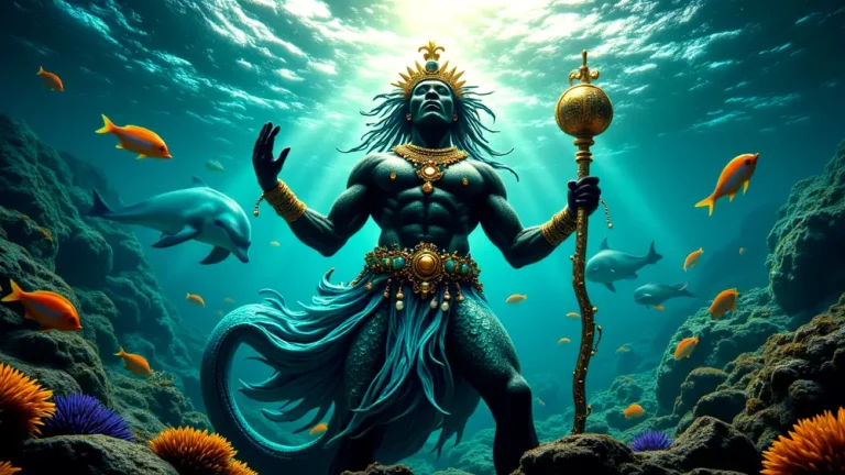 Olokun, Yoruba Orisha of the Ocean, in majestic underwater splendor.