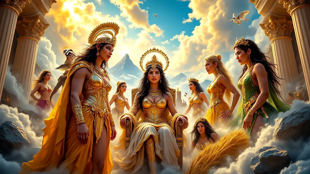 Olympian goddesses in divine assembly on Mount Olympus.