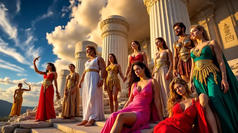 Olympian Gods and Goddesses gathered on Mount Olympus.