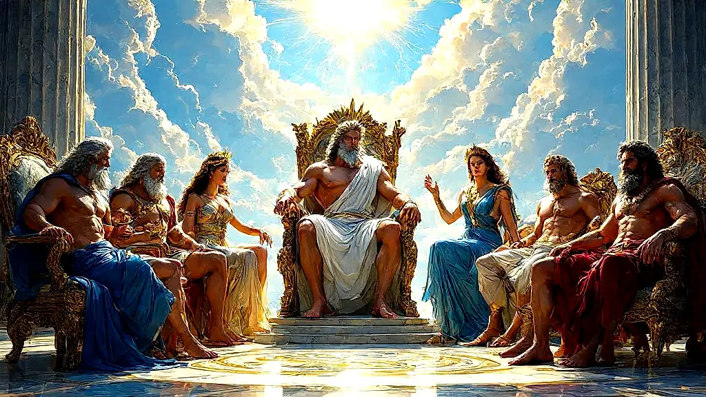 Olympian gods gathered in golden hall on Mount Olympus.