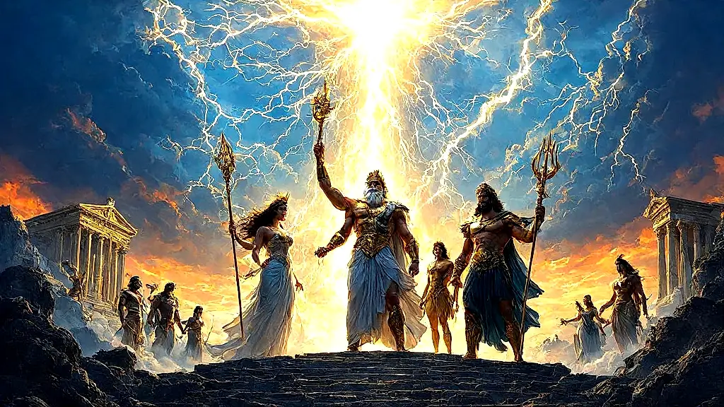 Olympian gods victorious after Titanomachy, glowing on Mount Olympus.