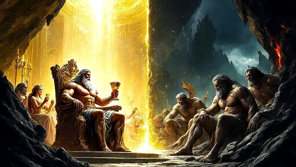 Olympians feast on ambrosia while Titans suffer in Tartarus.