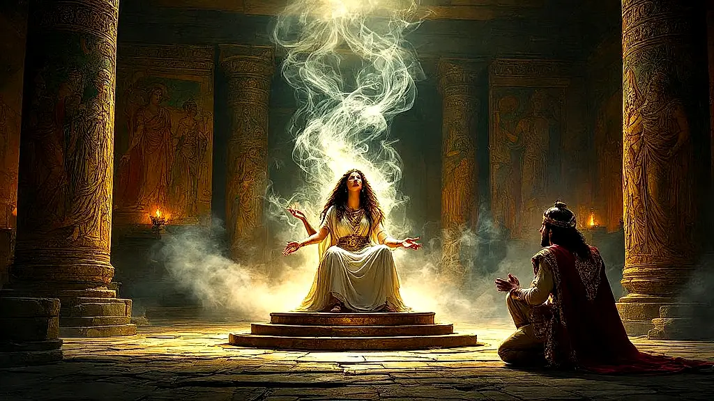 Oracle of Delphi prophesying to King Croesus in mystical temple.