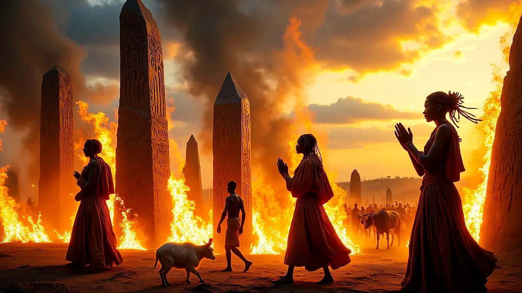 Oromo Wagar fertility ritual with phallic stones and dancing participants.