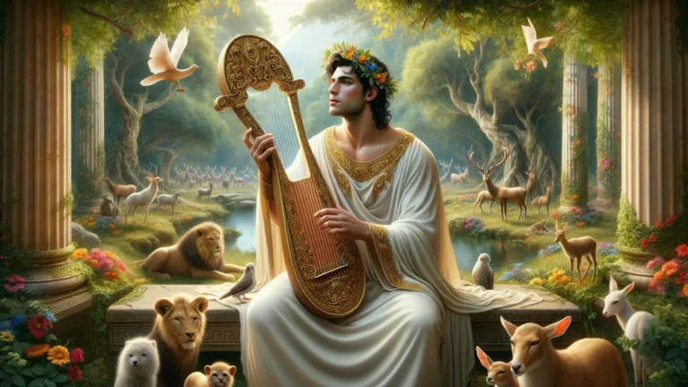 Orpheus Playing Lyre In A Lush Forest With Enchanted Animals