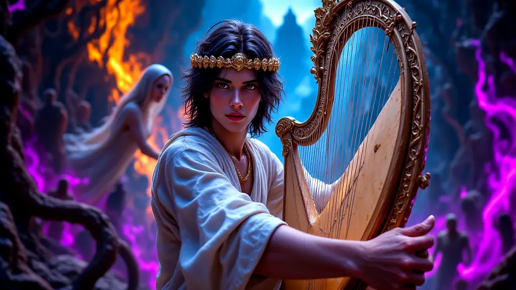 Orpheus playing lyre in underworld, Eurydice fading behind.