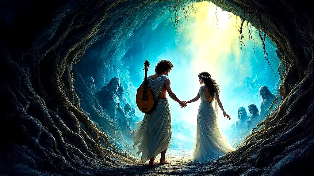Orpheus turning as Eurydice fades into the Underworld.