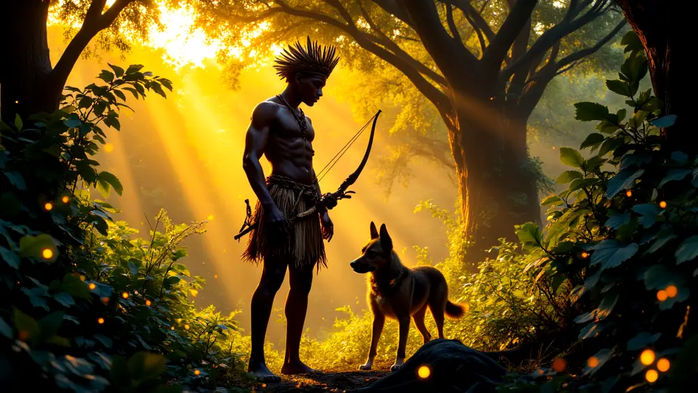 Oshosi tracks missing child in mystical forest at dusk.