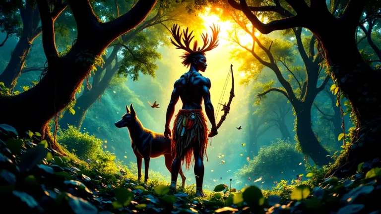 Oshosi, Yoruba Orisha of Hunting, in vibrant forest.