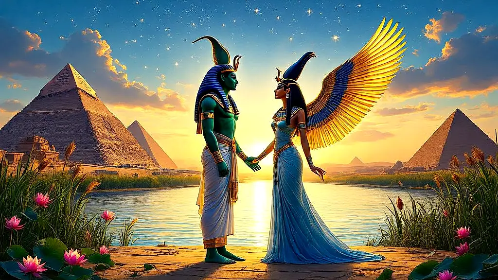 Osiris and Isis, divine Egyptian gods, united by the Nile.