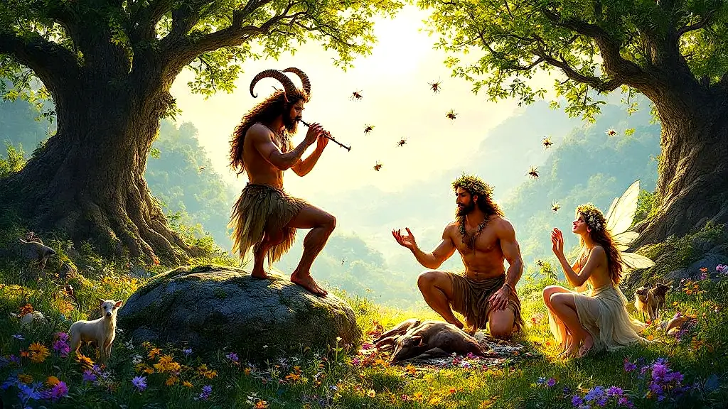 Pan and Aristaeus with nymphs in Arcadian wilderness.