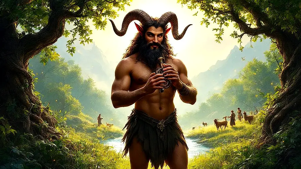 Pan, the goat-legged satyr god, playing syrinx in enchanted forest.